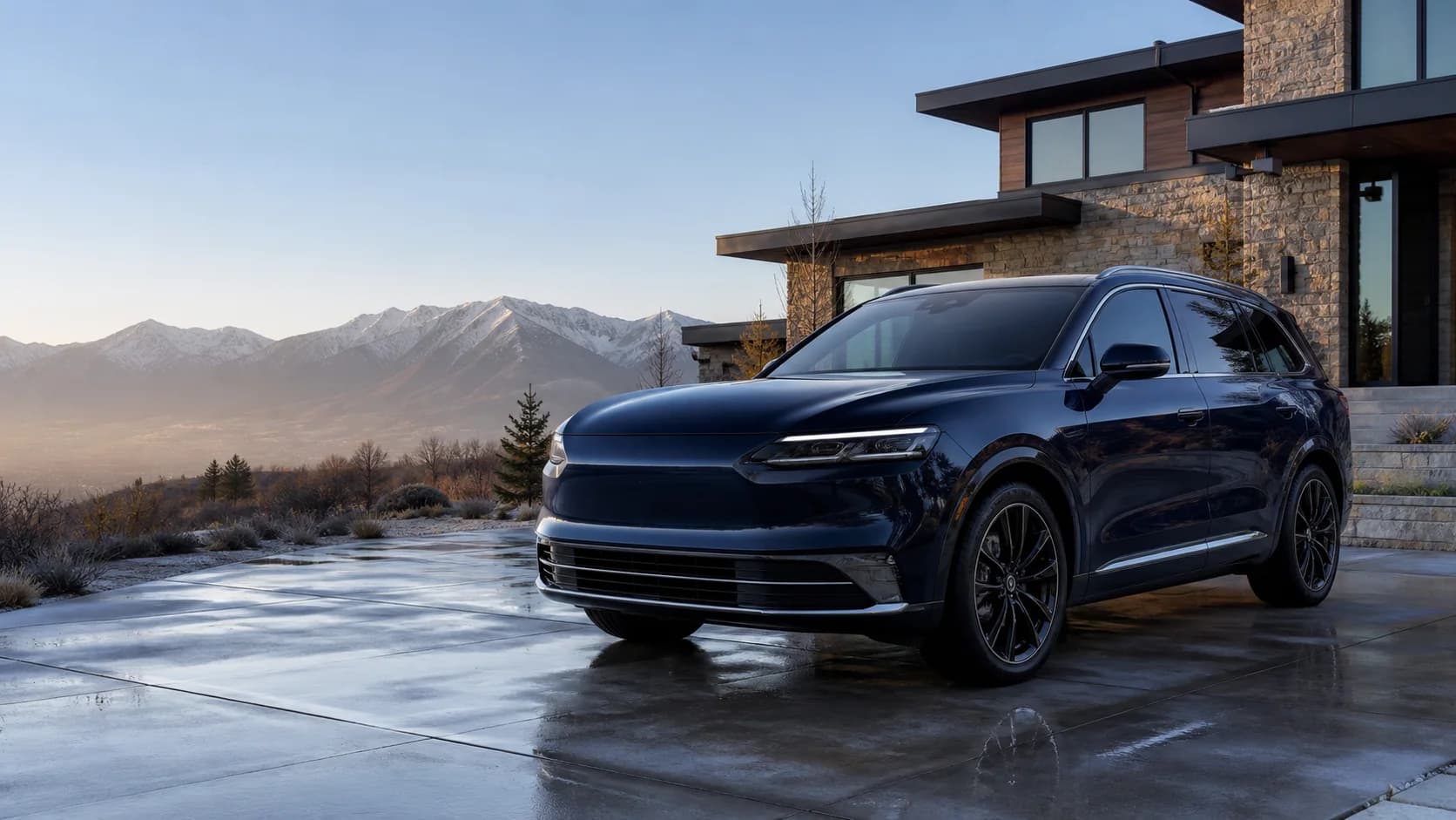 A freshly detailed navy SUV outside a Utah mountain home
